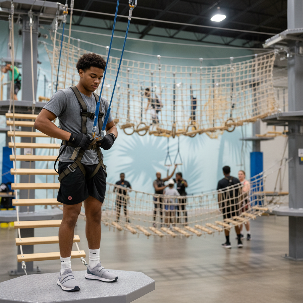 Child wearing sneakers climbs glow-in-the-dark indoor ropes course at WonderWorks Panama City Beach