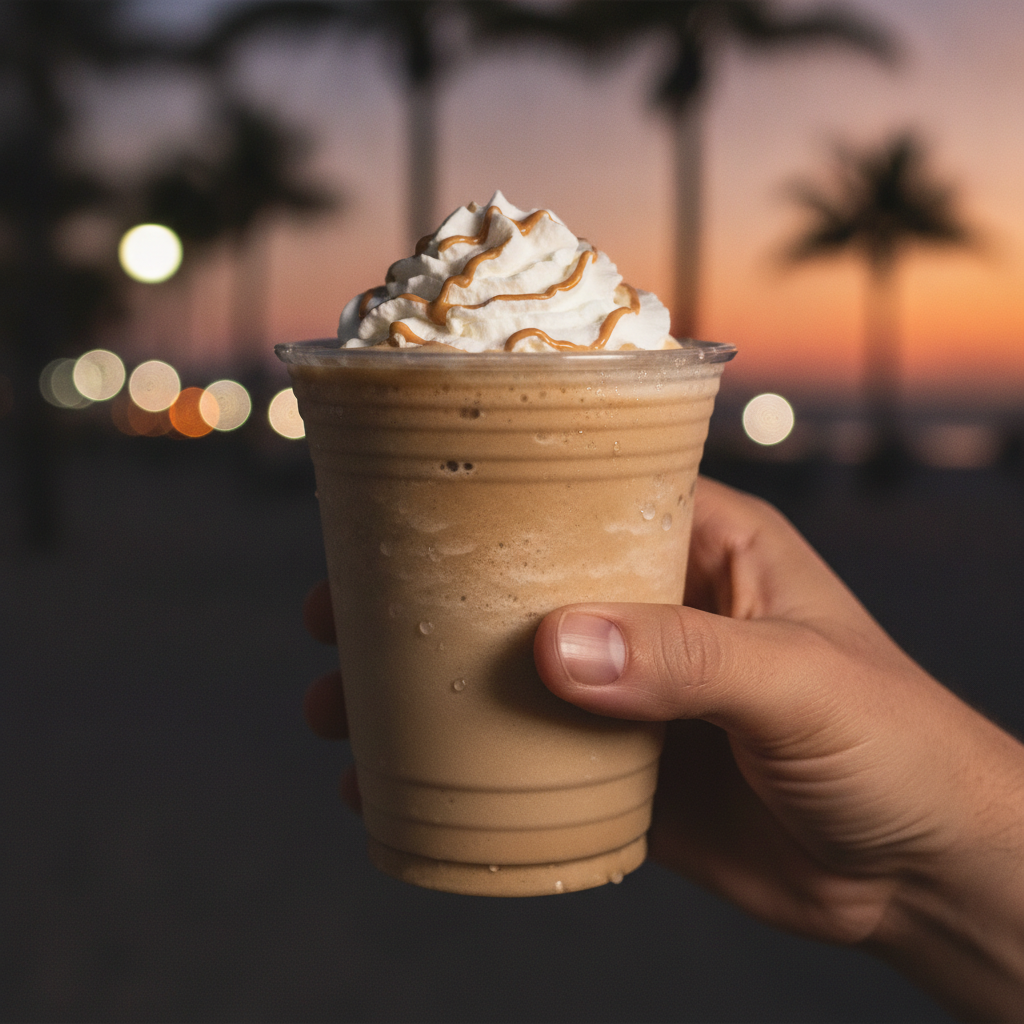 Hand holding a frosty blended Bushwacker-style coffee and chocolate drink topped with whipped cream and caramel drizzle, with palm trees and sunset bokeh in the background in Panama City Beach, Florida
