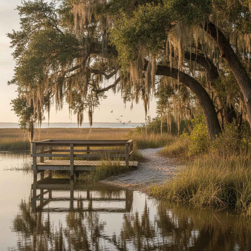 Wooden observation deck overlooking calm bayou water at golden hour near Panama City Beach, framed by moss-draped live oaks and marsh grasses.