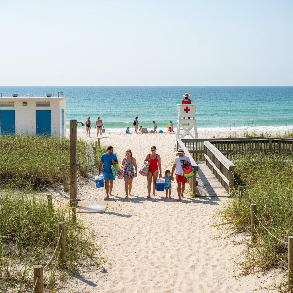Panama City Beach public access boardwalk leading to white sand shoreline with families near the water and beach umbrellas in the background