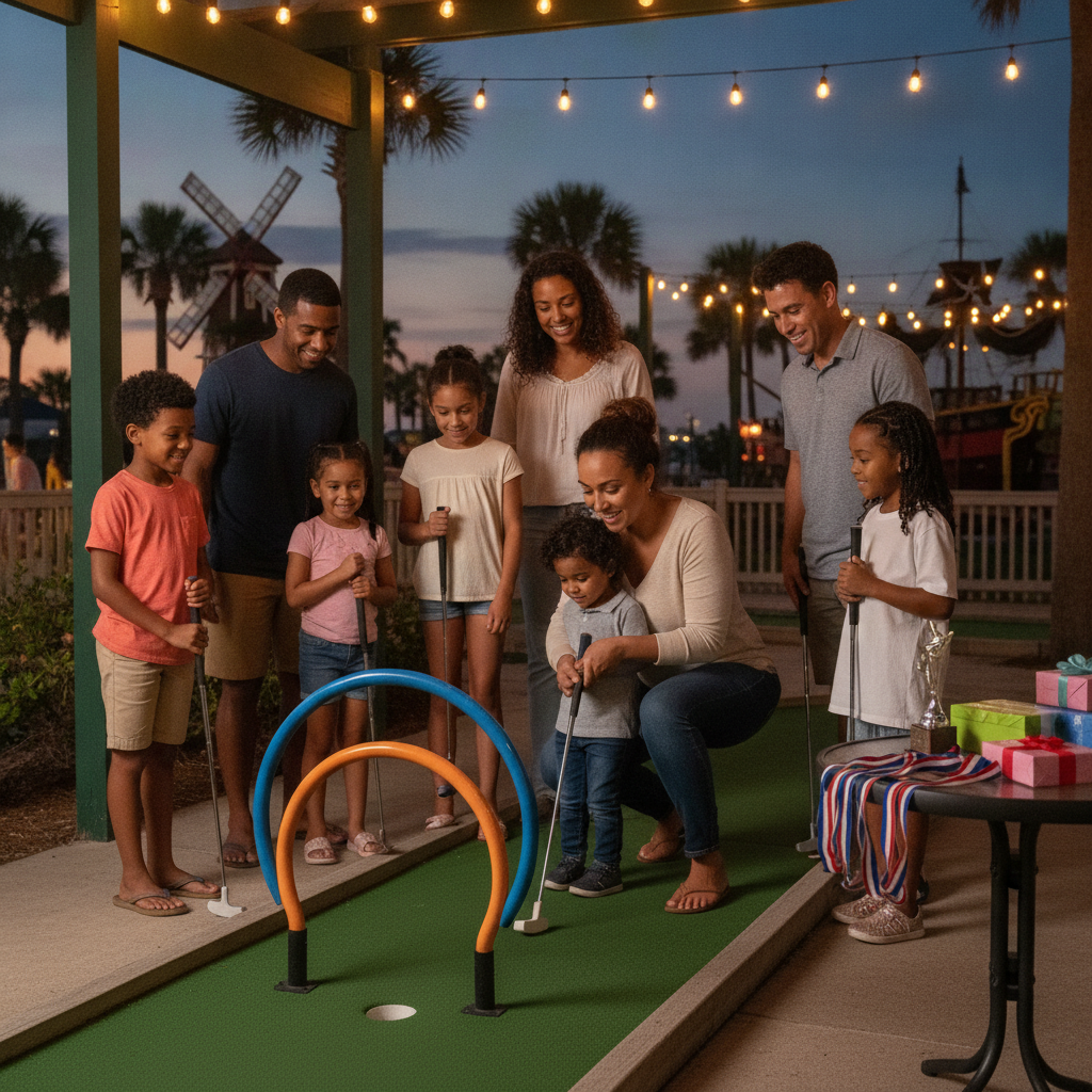 Family playing mini golf at night in Panama City Beach, tallying scores on a tournament scorecard near a lit course entrance