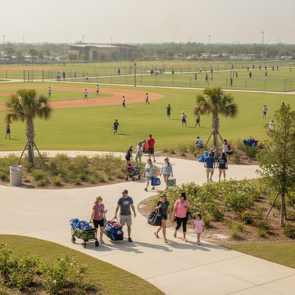 Families walk along a paved path carrying coolers and sports gear while youth games are played on multiple baseball and soccer fields at a large sports park in Panama City Beach, Florida.