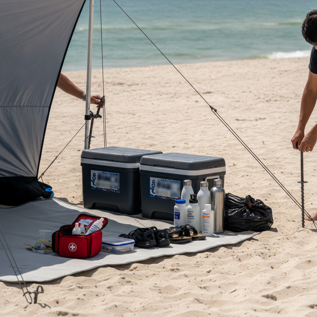 Beach-day essentials under a wind-anchored canopy on a Panama City Beach shoreline, with coolers, water bottles, water shoes, first-aid kit, and pack-out trash bags for a no-services Shell Island trip