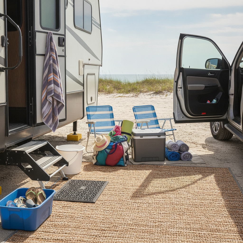 RV campsite sand-control setup at Panama City Beach with outdoor rug, doormat, bucket for rinsing feet, bin of sandals, cooler and beach gear beside an open car door near the dunes and shoreline