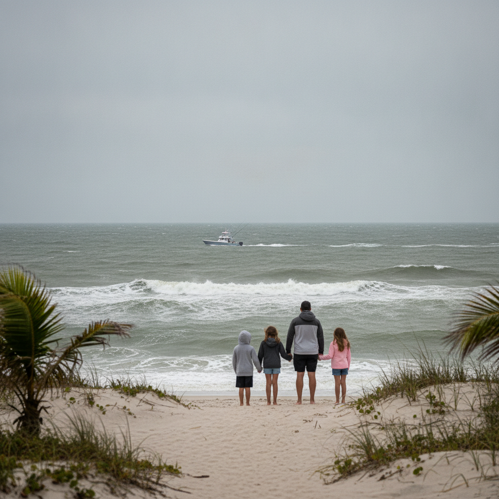 Family with two kids standing on a sandy dune path watching choppy Gulf waves and a distant fishing charter boat under a gray, windy sky in Panama City Beach, Florida