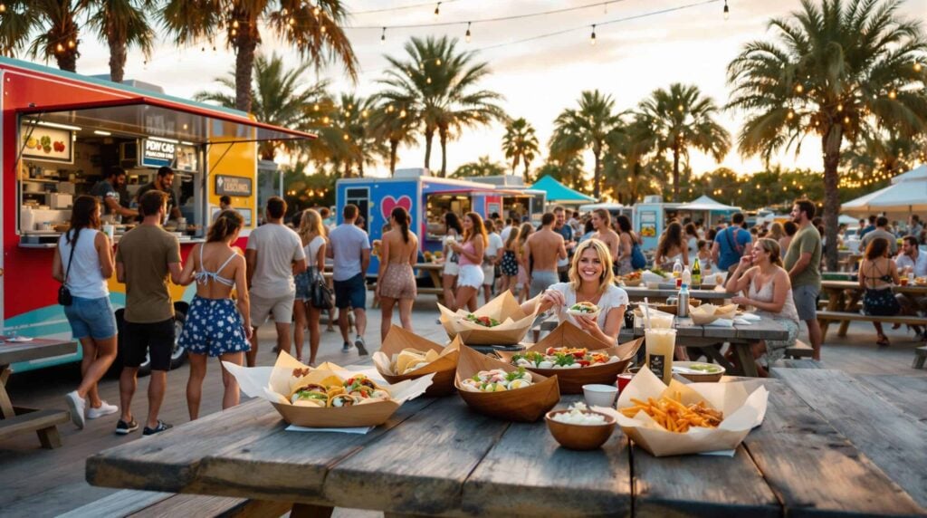 People gather at an outdoor food market with food trucks, palm trees, and picnic tables at sunset. Food is displayed on a wooden table in the foreground.