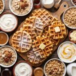 A wooden serving board of waffles with butter and powdered sugar, surrounded by bowls of granola, cereal, oatmeal, yogurt, and small pitchers of milk and syrup.