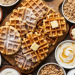 A wooden board piled with waffles topped with butter and powdered sugar, surrounded by bowls of cereal, yogurt, and spreads.
